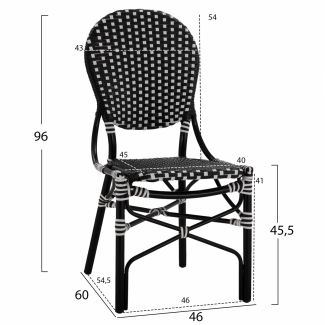 Καρέκλα από μπαμπού/αλουμίνιο/wicker σε χρώμα μαύρο/άσπρο 46x60x96