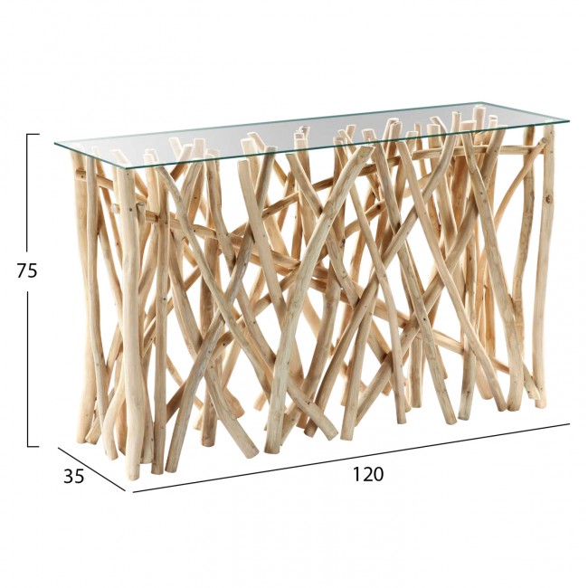 Kονσόλα από μασίφ ξύλο-γυαλί σε φυσικό χρώμα 120x35x75