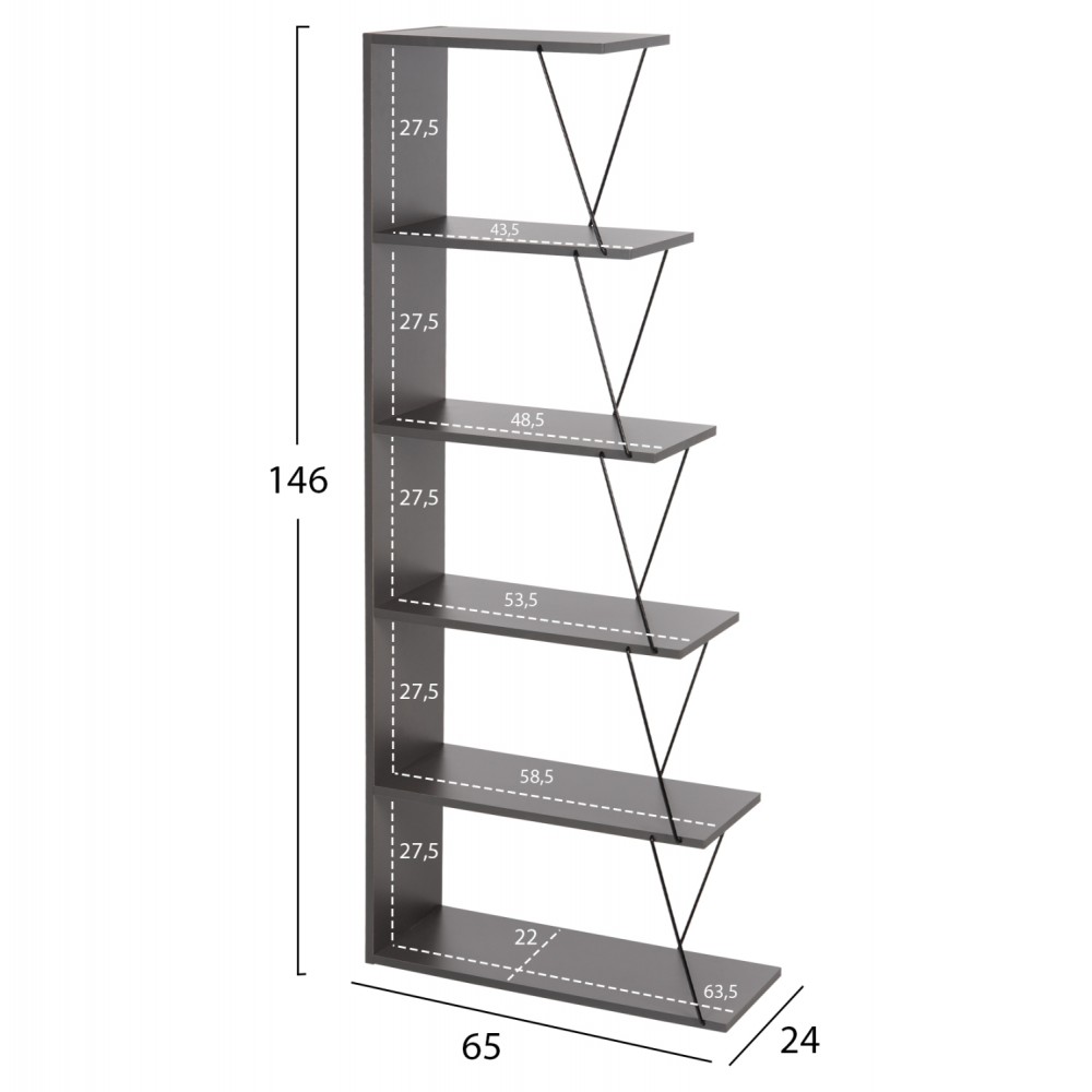Βιβλιοθήκη "MINI TARS" σε χρώμα γκρι/μαύρο 65x22x146