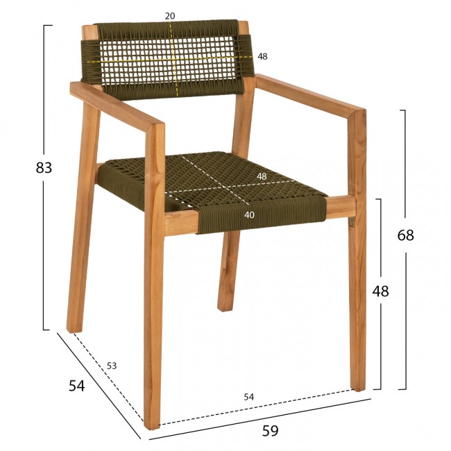 Πολυθρόνα "CHARLOTTE" από ξύλο/σχοινί σε φυσικό/πράσινο χρώμα 59x54x83
