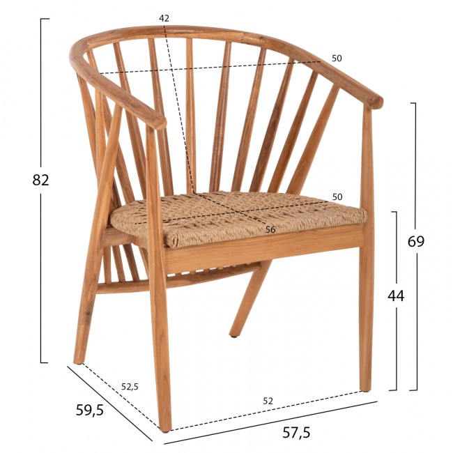 Πολυθρόνα "PERMAINE" από ξύλο/σχοινί σε φυσικό χρώμα 60x63x82
