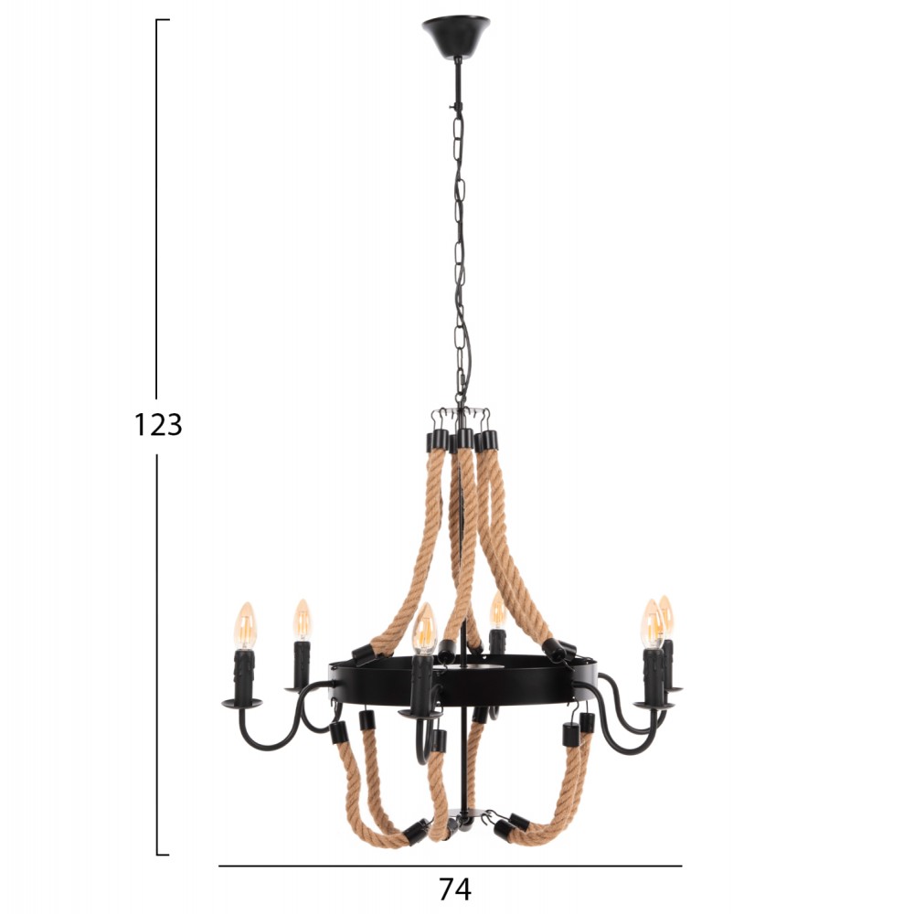 Φωτιστικό οροφής πολύφωτο από μέταλλο/σχοινί σε χρώμα μαύρο/φυσικό 74x74x123