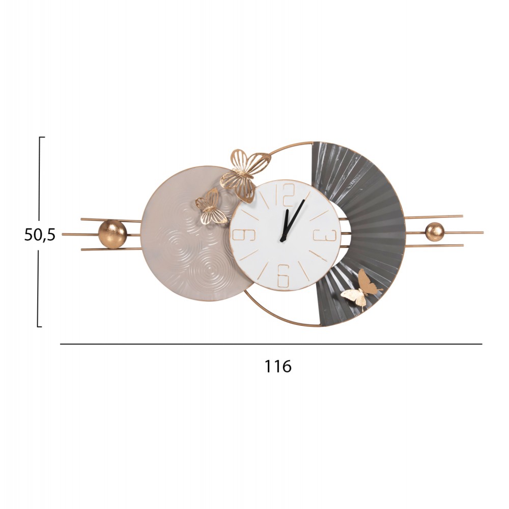 Ρολόι τοίχου από μέταλλο σε χρώμα γκρι/χρυσό/λευκό 116x7x50,5