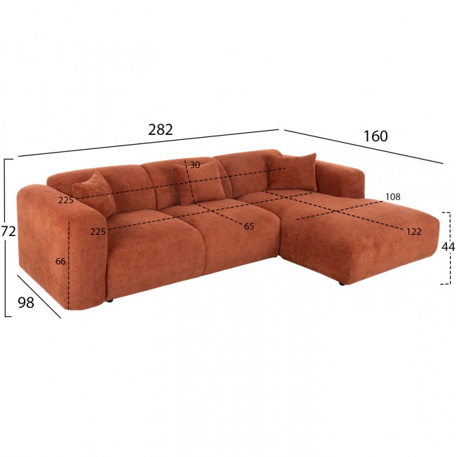 Γωνιακός καναπές "BRICKEN" με δεξιά γωνία από mdf/ύφασμα σε κεραμιδί χρώμα 282x160x72
