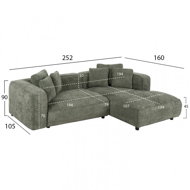 Γωνιακός καναπές "GRACE" με δεξιά γωνία από mdf/ύφασμα σε πράσινο χρώμα 252x160x90