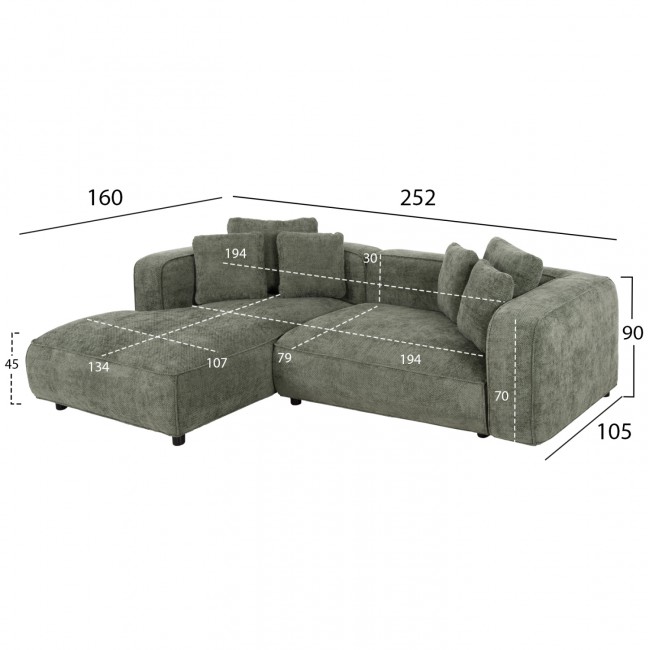 Γωνιακός καναπές "GRACE" με αριστερή γωνία από mdf/ύφασμα σε πράσινο χρώμα 252x160x90