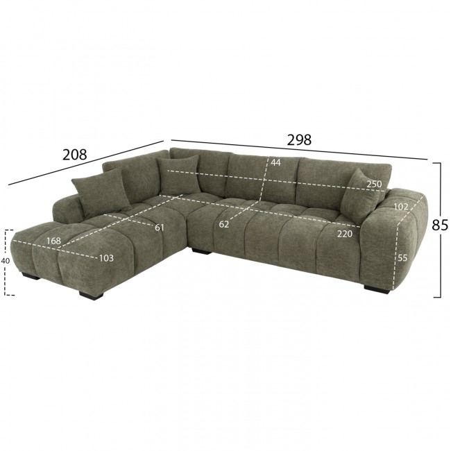 Γωνιακός καναπές "COVEN" με αριστερή γωνία από ξύλο/ύφασμα σε μαύρο/πράσινο χρώμα 298x208x85